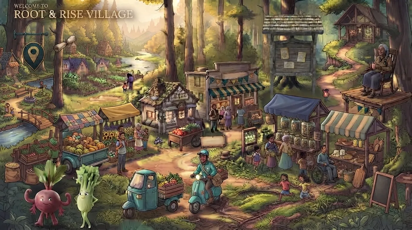 An illustrated woodland village with local farm stalls, makers, a community message board, Sage, and the Root & Rise mascots Coco and Bruno